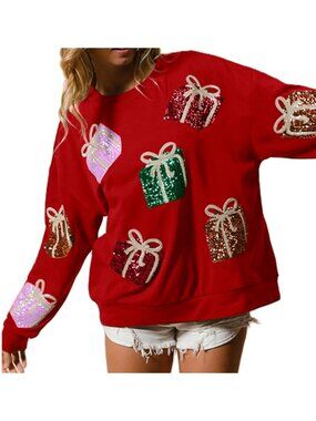 Gift Red Small Glitter Christmas Sweatshirt - Oversized Ugly Xmas Sweater